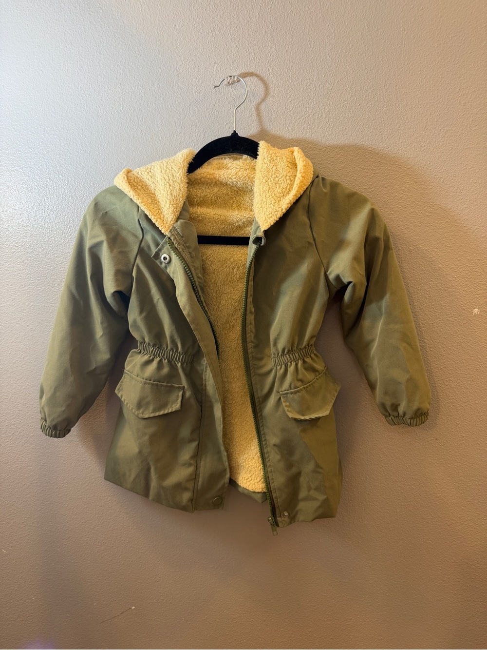 Kids Olive Green Hooded Jacket with Cream Sherpa Lining
